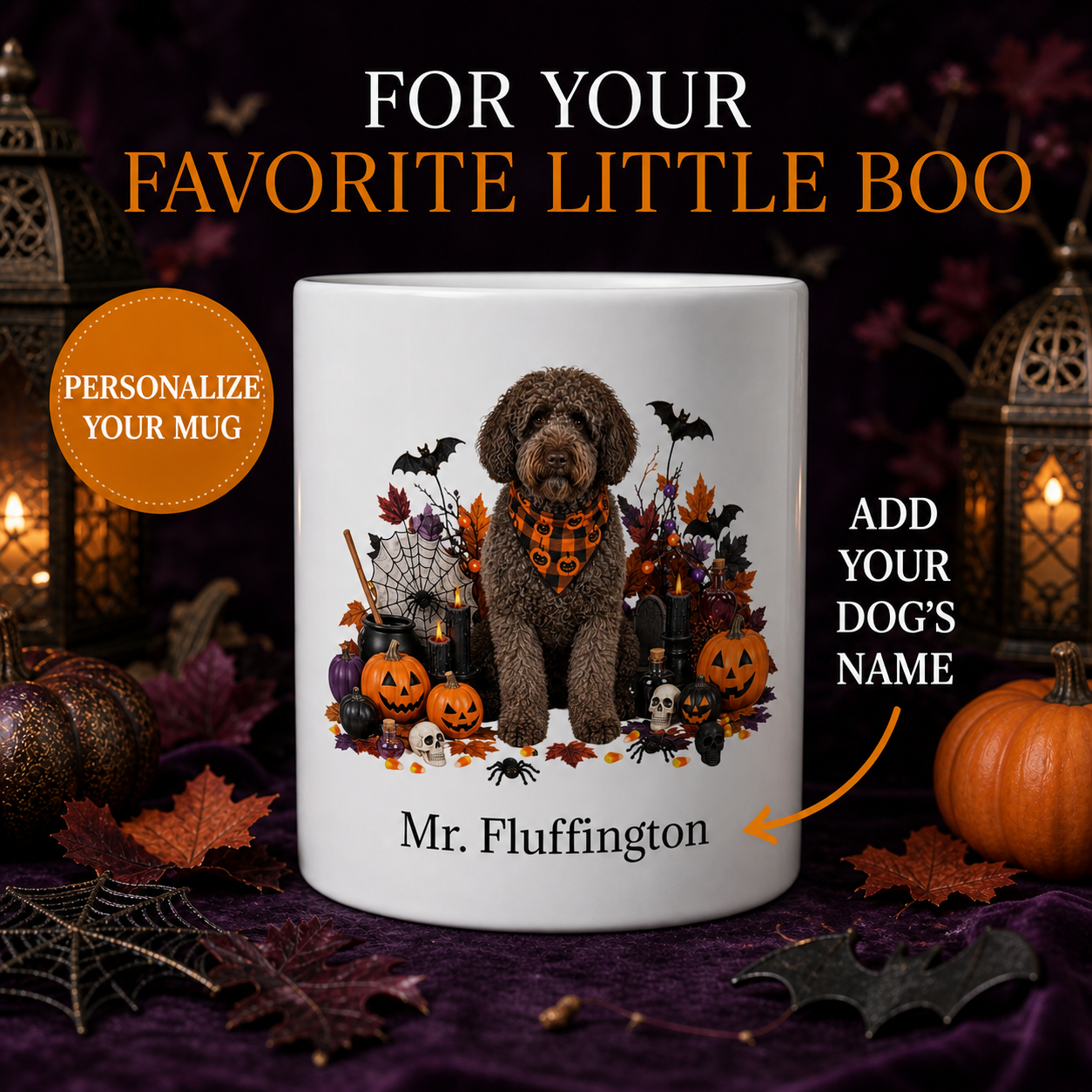 White Barbet dog Halloween mug with custom pet name and spooky fall artwork — image 1
