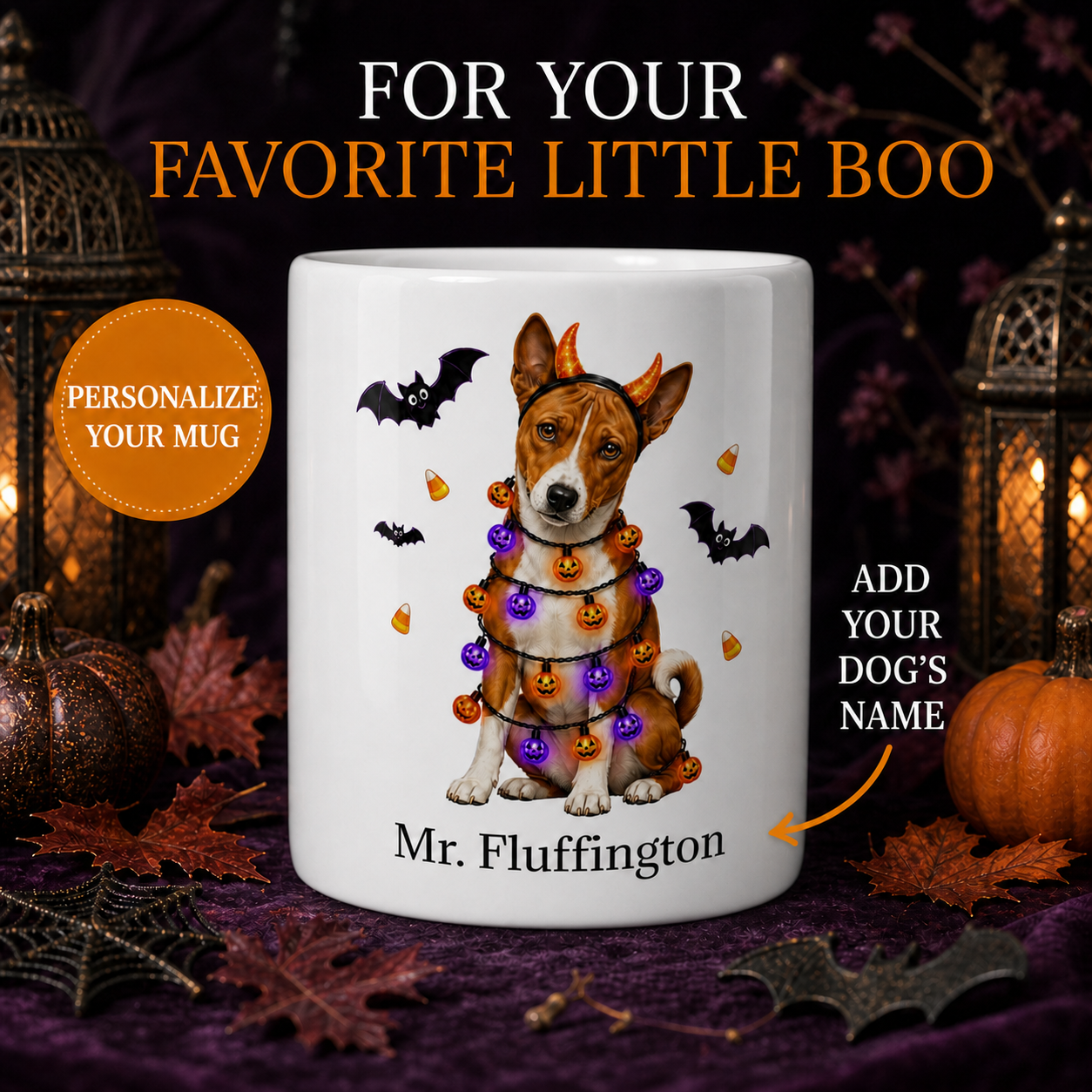 Personalized Basenji Halloween Mug – Custom Dog Name Gift promotional hero showing personalized dog mug