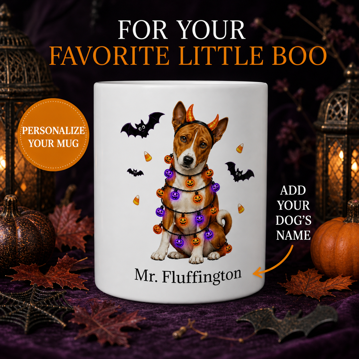 White Basenji dog Halloween mug with custom pet name and spooky fall artwork — image 1