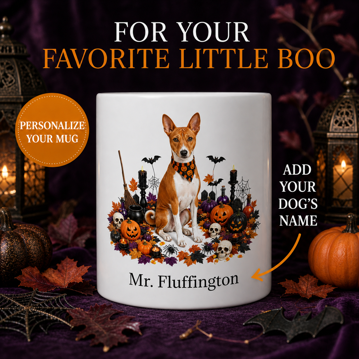 White Basenji dog Halloween mug with custom pet name and spooky fall artwork — image 1