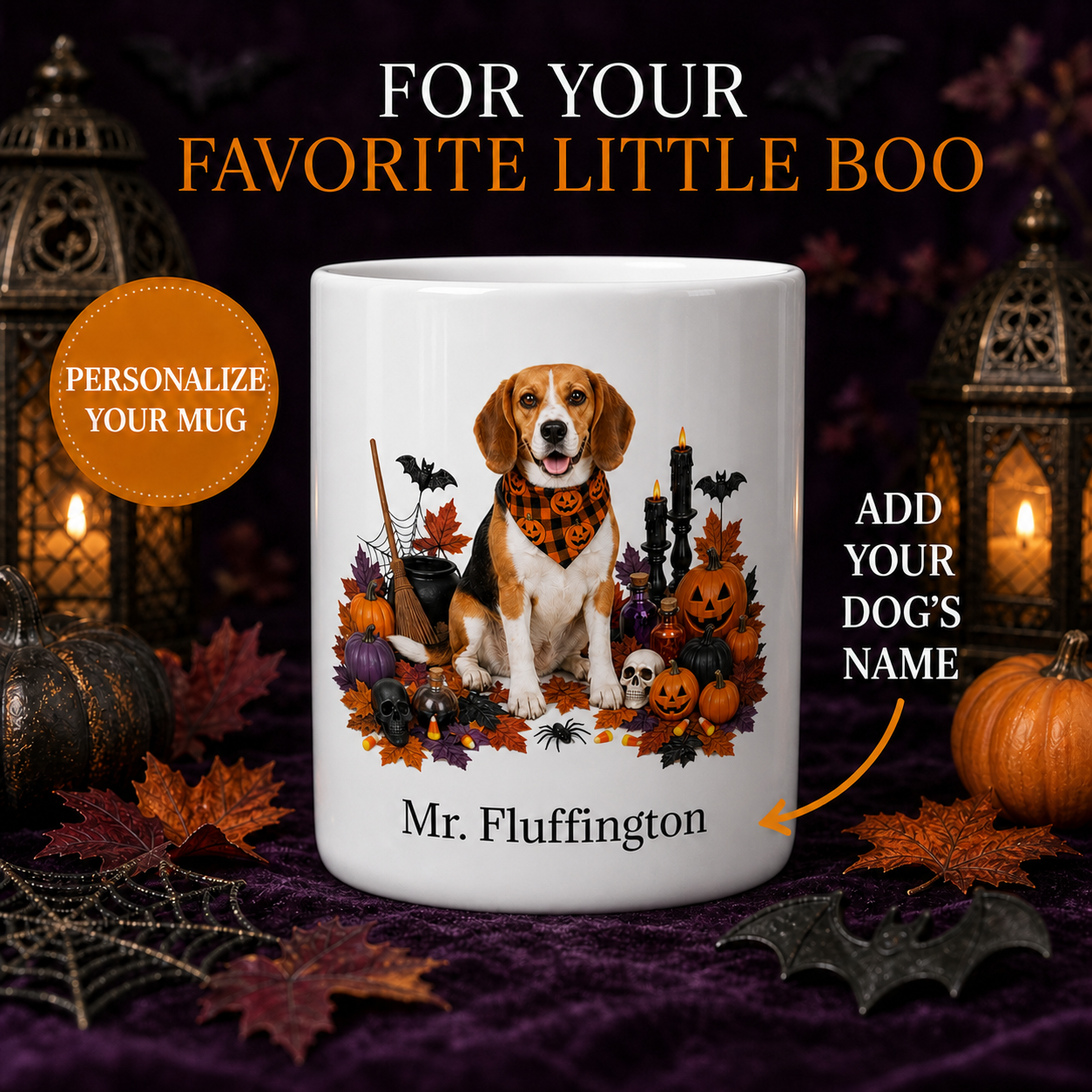 Personalized Beagle Halloween Mug – Custom Dog Name Gift promotional hero showing personalized dog mug