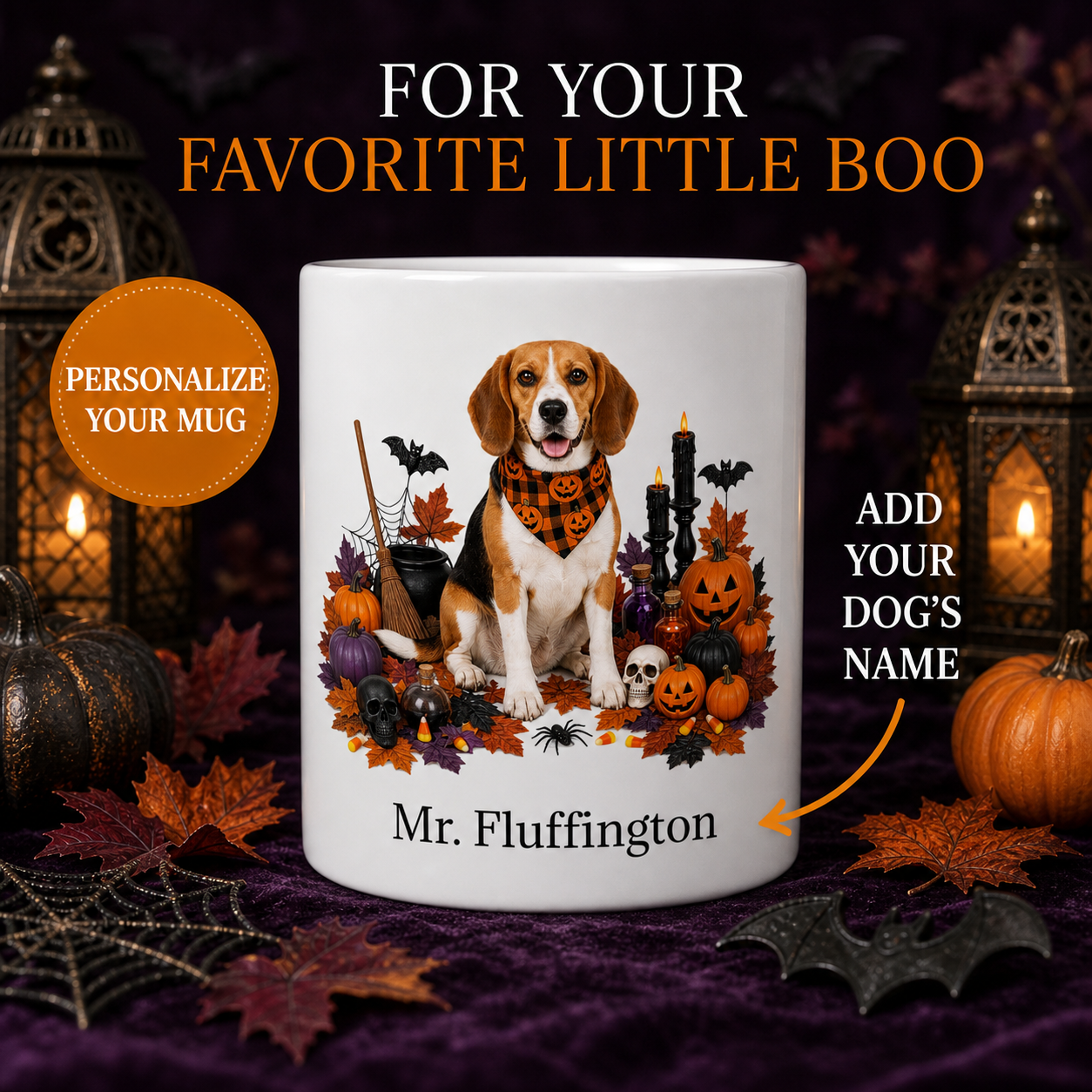 White Beagle dog Halloween mug with custom pet name and spooky fall artwork — image 1