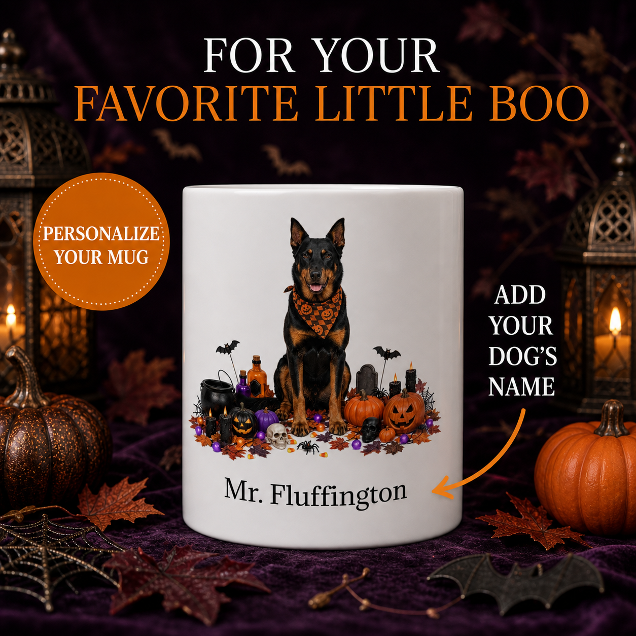 White Beauceron dog Halloween mug with custom pet name and spooky fall artwork — image 1