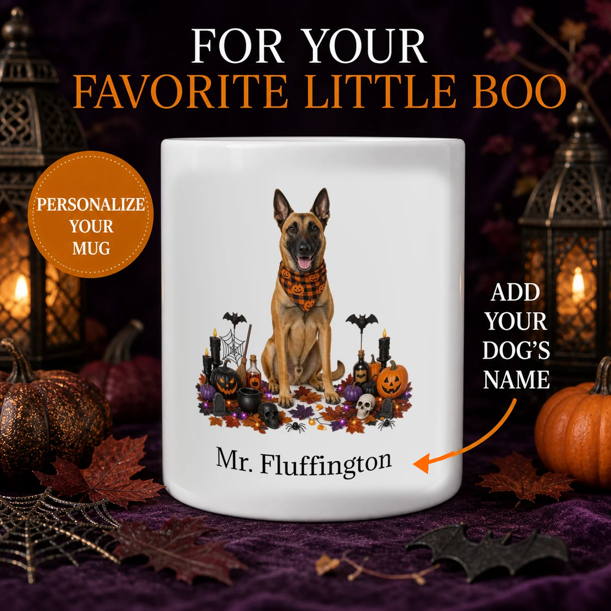 Personalized Belgian Malinois Halloween mug with custom dog name, pumpkins, and spooky fall design