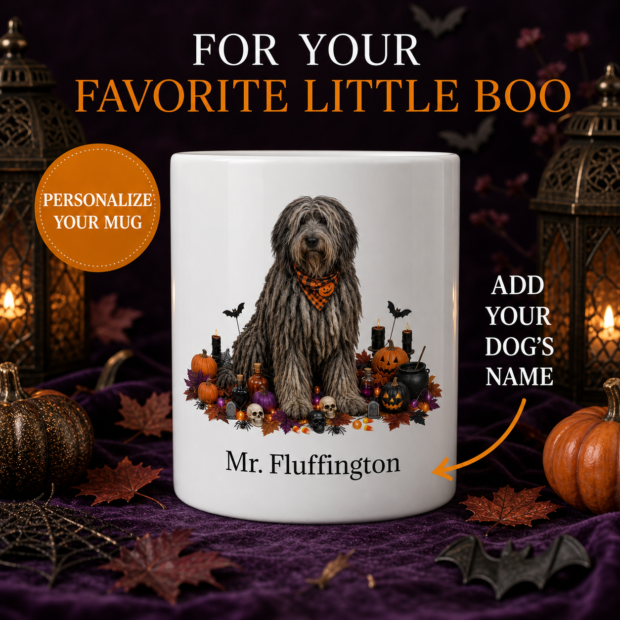 White Bergamasco dog Halloween mug with custom pet name and spooky fall artwork — image 1