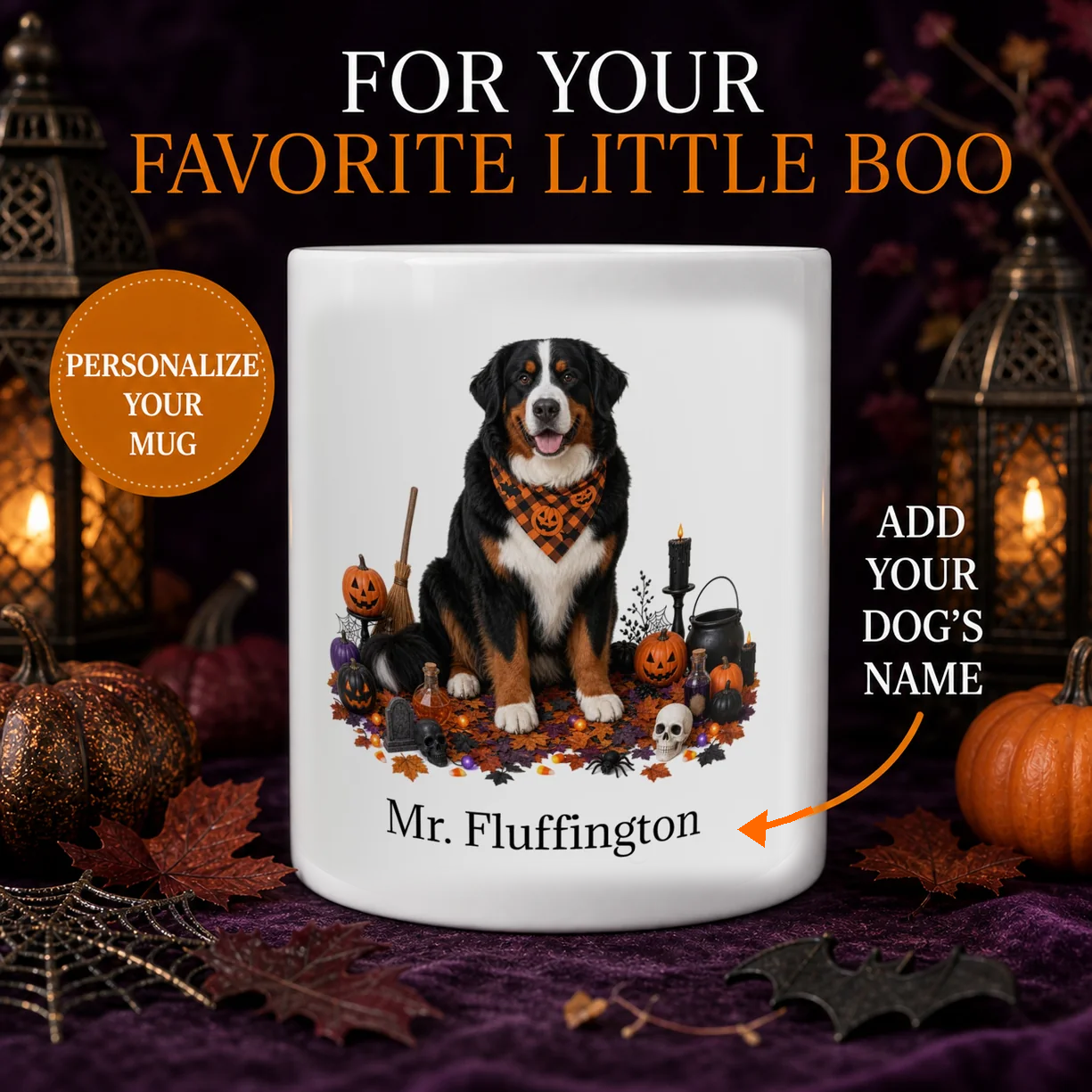 Personalized Bernese Mountain Dog Halloween mug with custom name and luxury pumpkin display