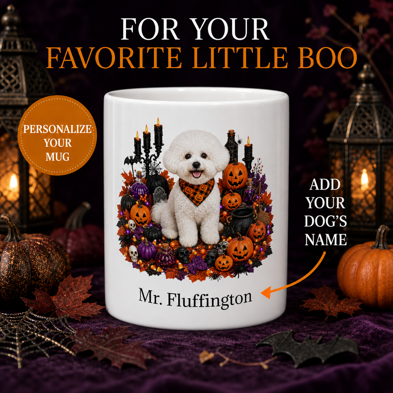 Personalized Bichon Frise Halloween Mug – Custom Dog Name Gift – premium Halloween dog mug hero image