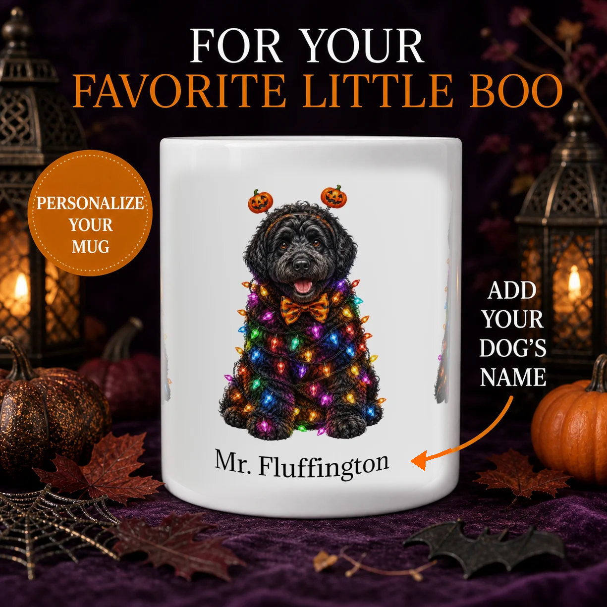 Personalized Black Poodle Halloween mug with custom dog name and colorful spooky lights