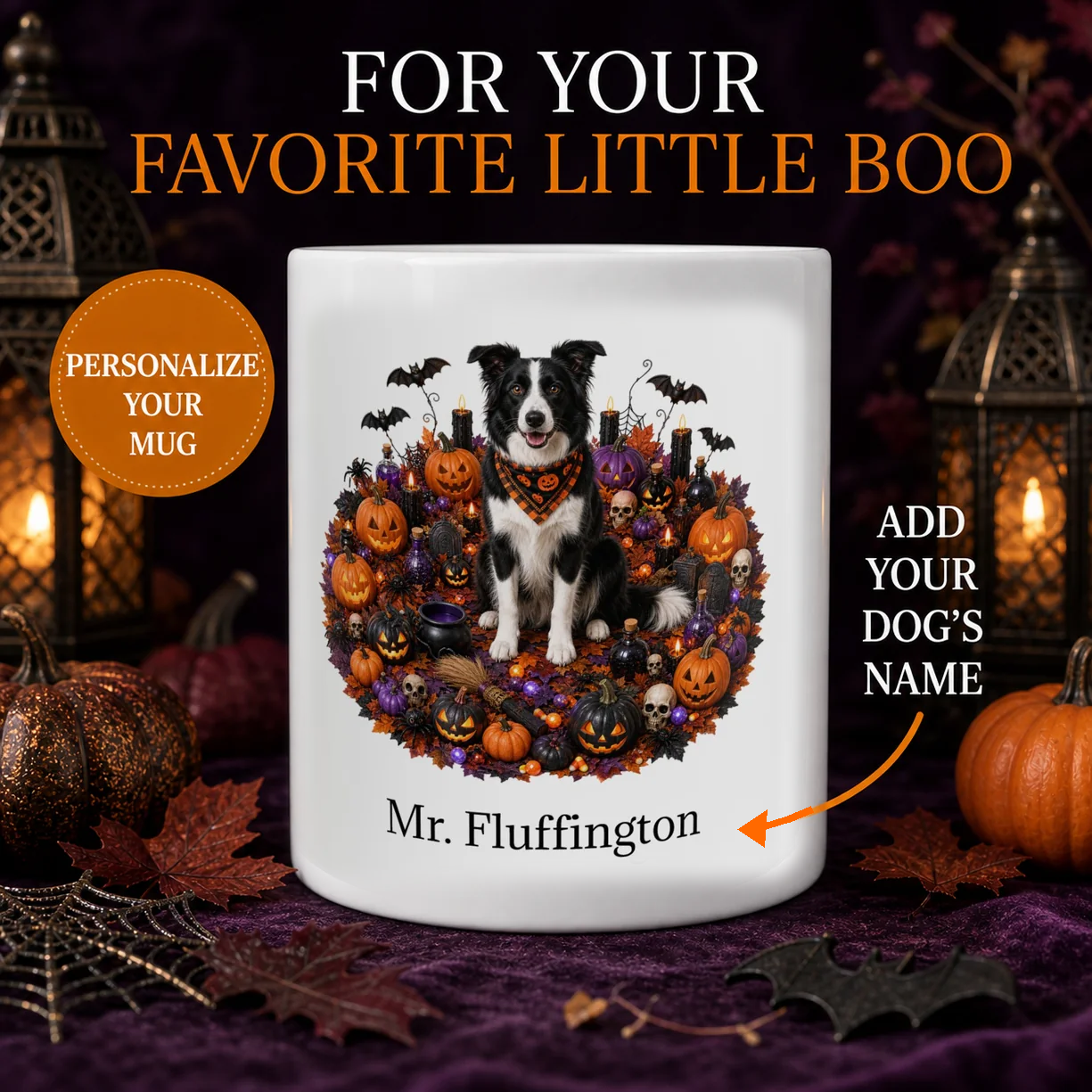 Personalized Border Collie Halloween mug with custom dog name and spooky fall design