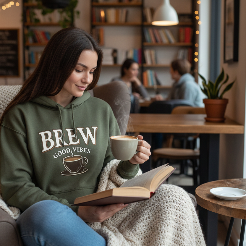 A woman wears an olive green hoodie featuring a Brew Good Vibes coffee graphic.