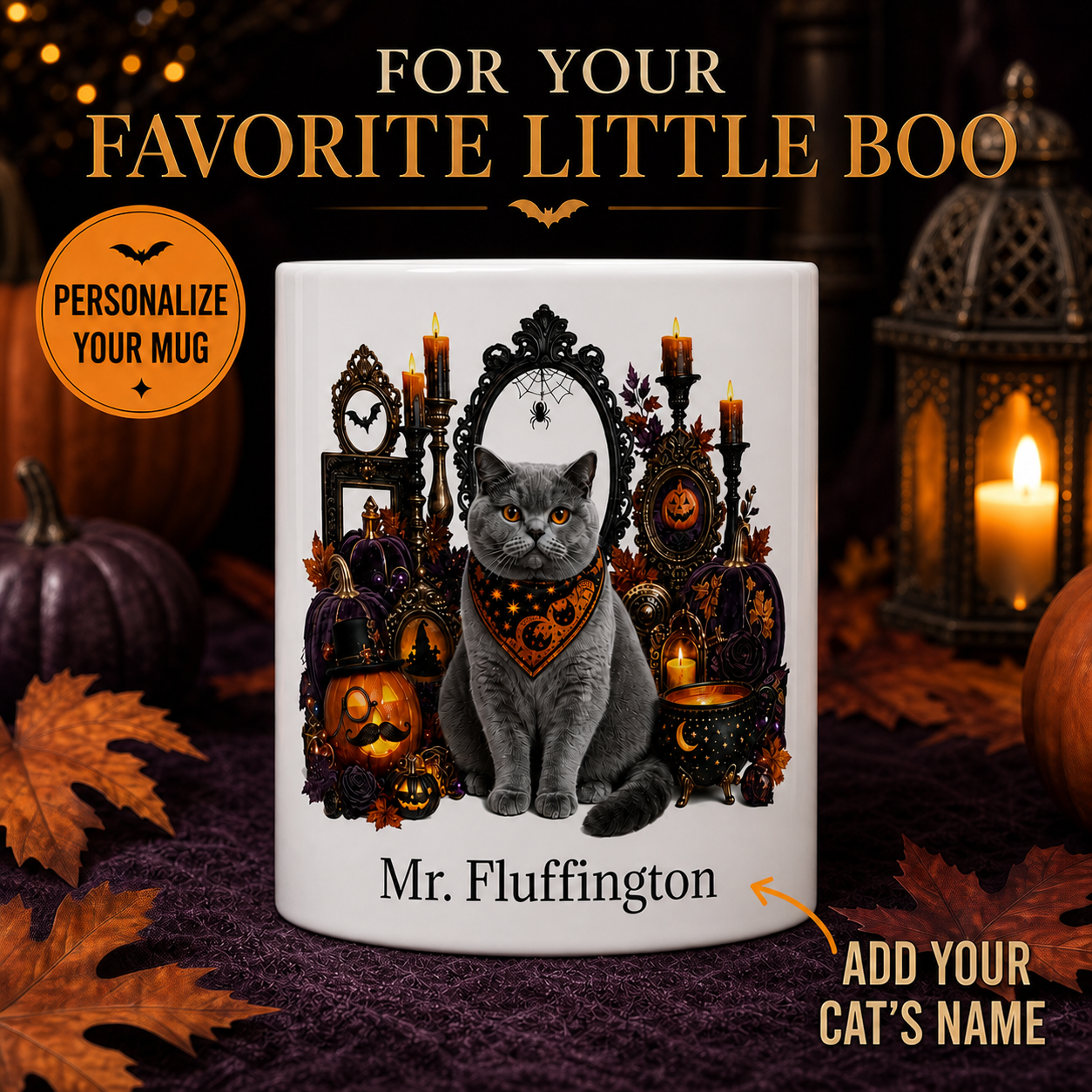 Personalized British Shorthair cat Halloween mug front view with custom name and no visible handle