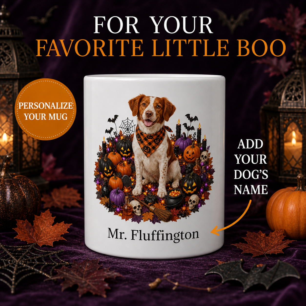White Brittany dog Halloween mug with custom pet name and spooky fall artwork — image 1