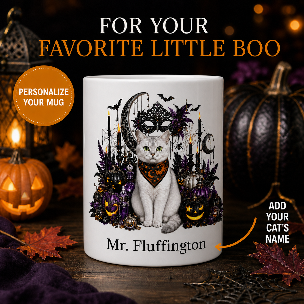Personalized Burmilla cat Halloween mug front view with custom name and no visible handle