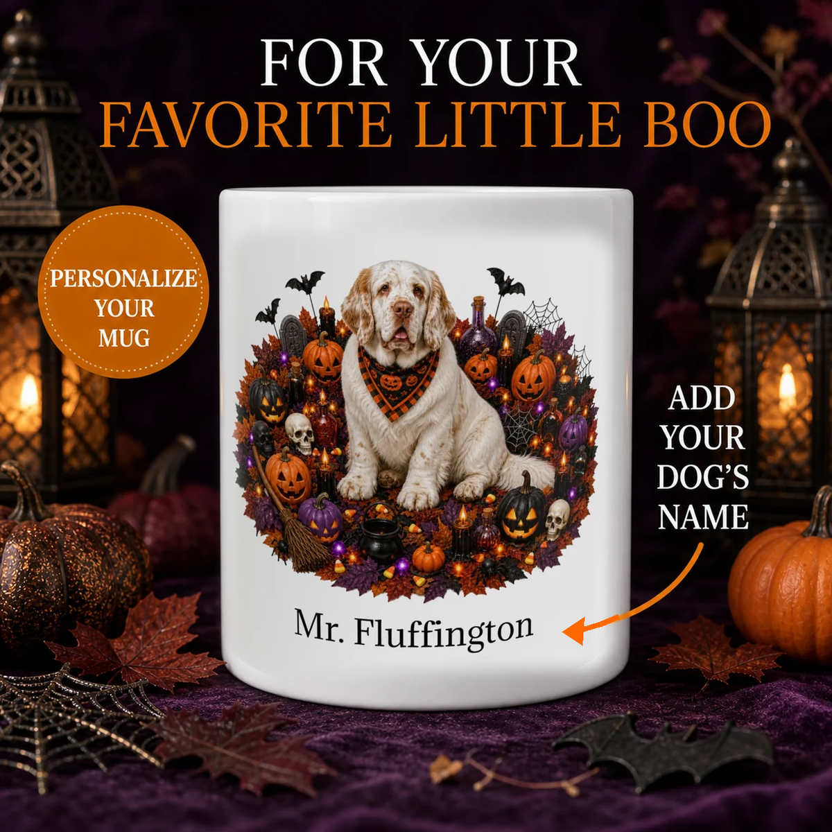 Personalized Clumber Spaniel Halloween dog mug hero image