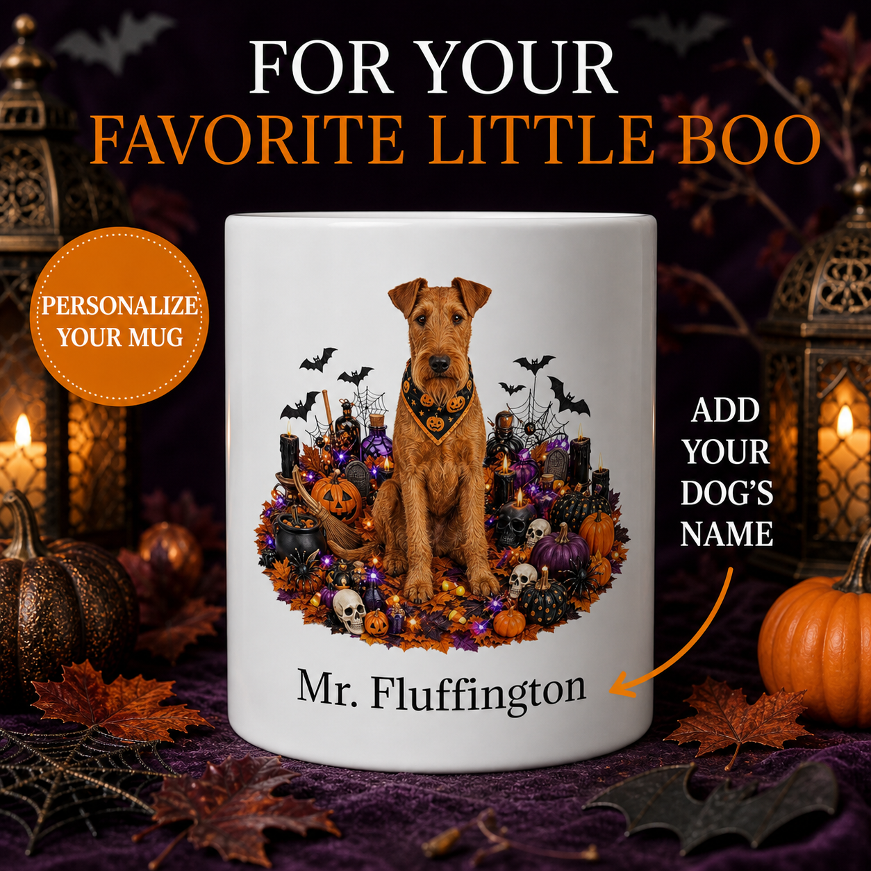White Irish Terrier dog Halloween mug with custom pet name and spooky fall artwork — image 1