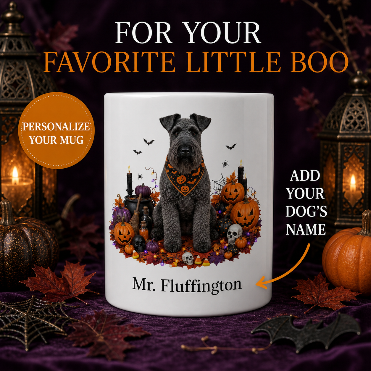White Kerry Blue Terrier dog Halloween mug with custom pet name and spooky fall artwork — image 1