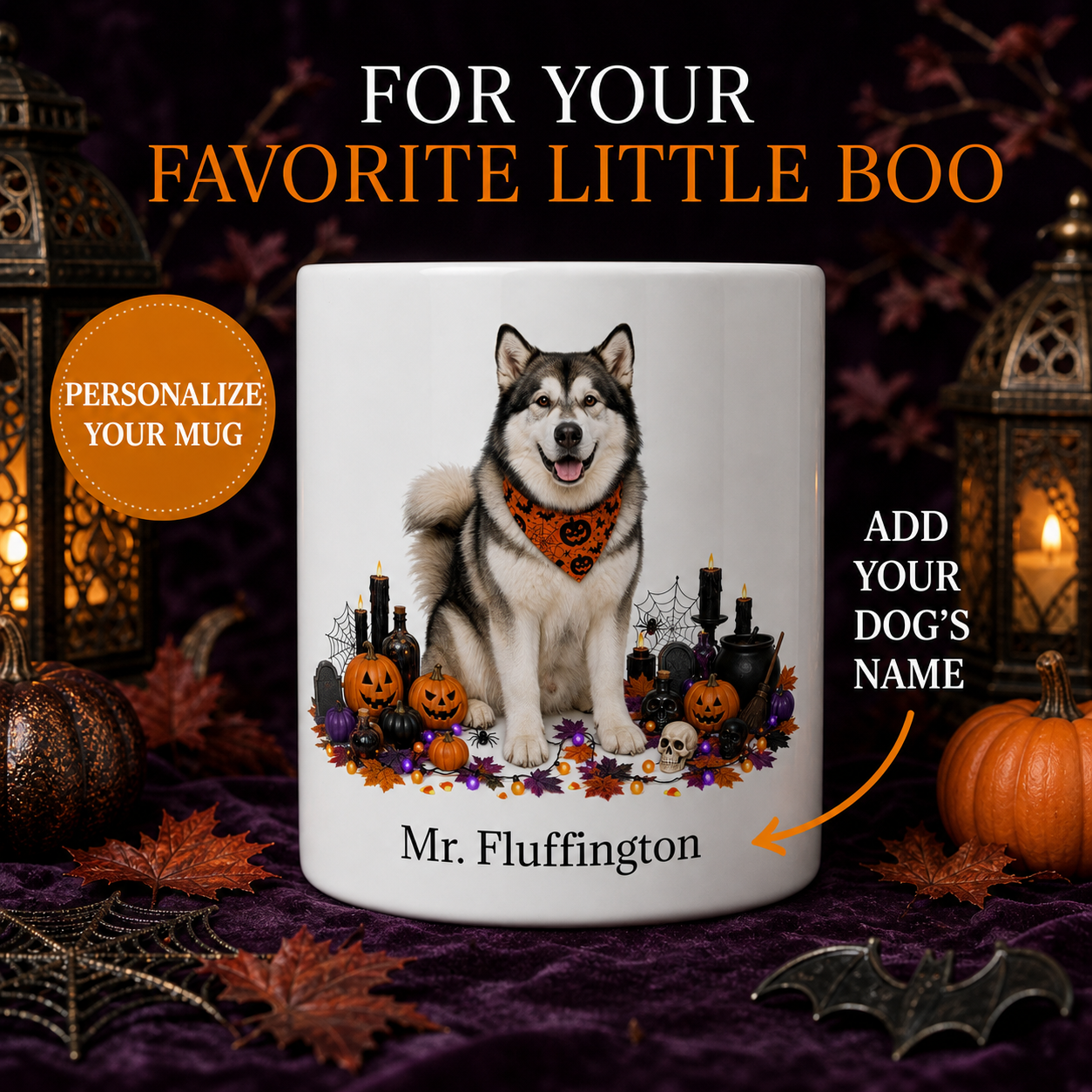 White Malamute dog Halloween mug with custom pet name and spooky fall artwork — image 1