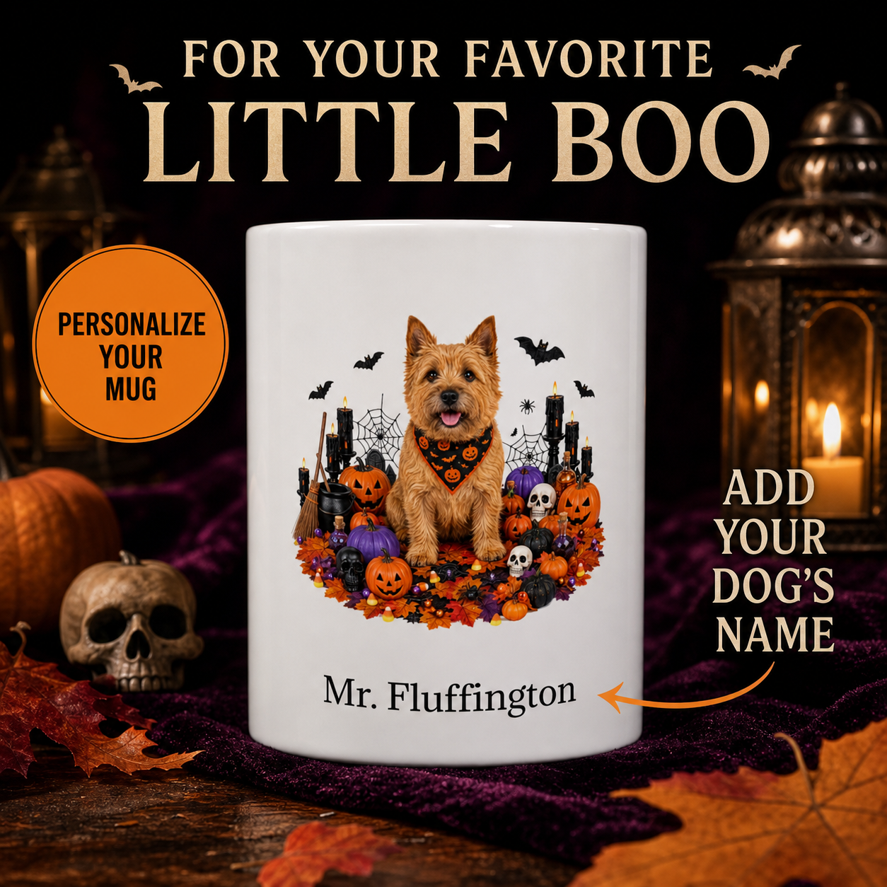 White Norwich Terrier dog Halloween mug with custom pet name and spooky fall artwork — image 1