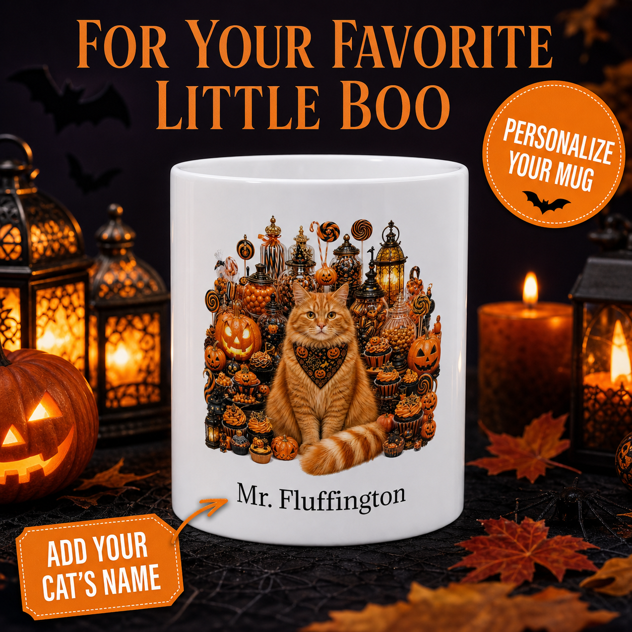 Personalized Orange Ginger Cat Halloween Mug – Custom Name