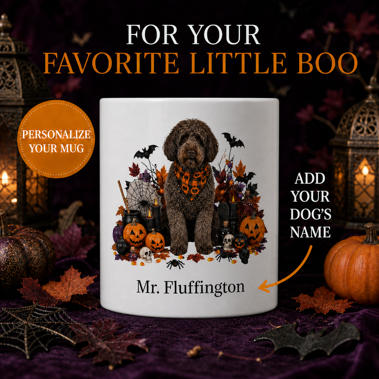 Personalized Barbet Halloween Mug – Custom Dog Name Gift – front view with no handle