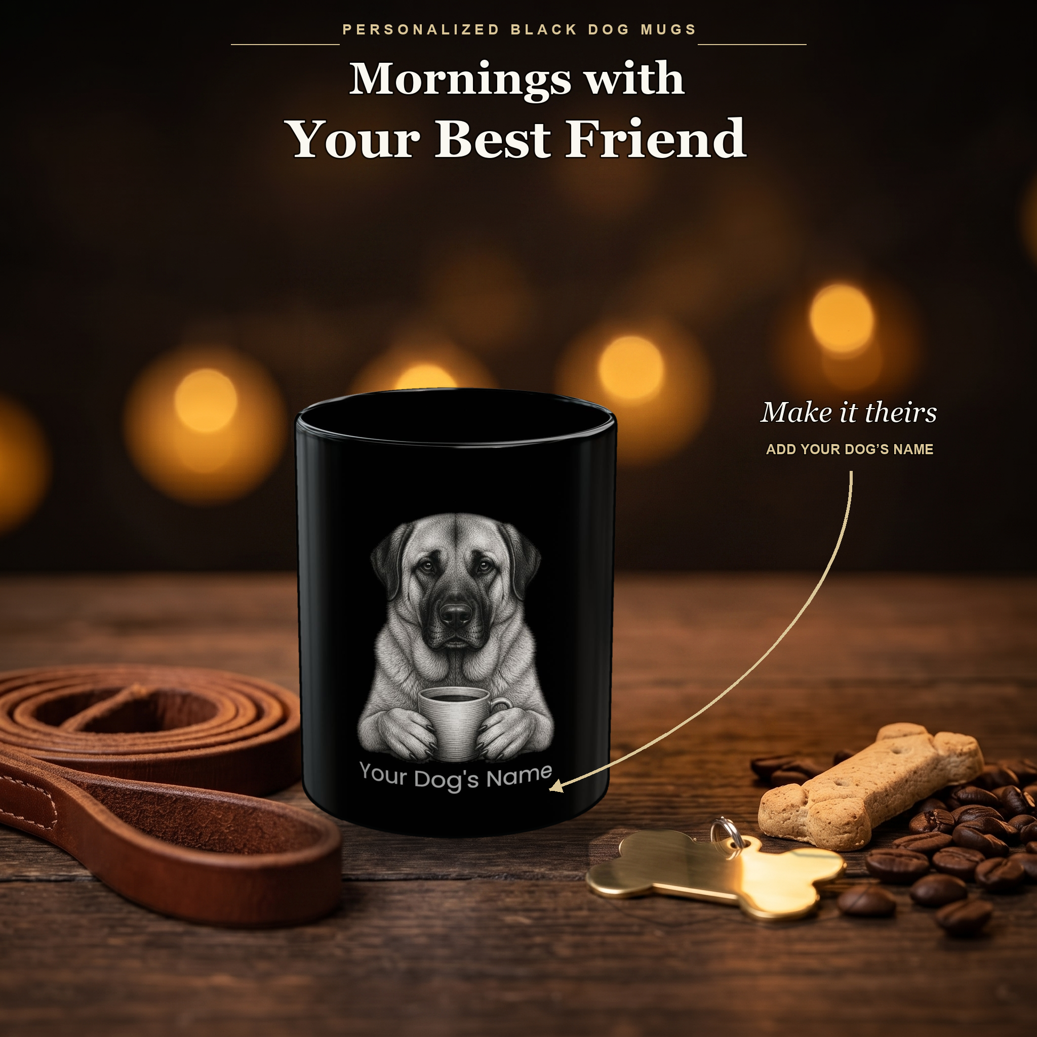Personalized Anatolian Shepherd black ceramic mug on dark wood table, front view with no handle