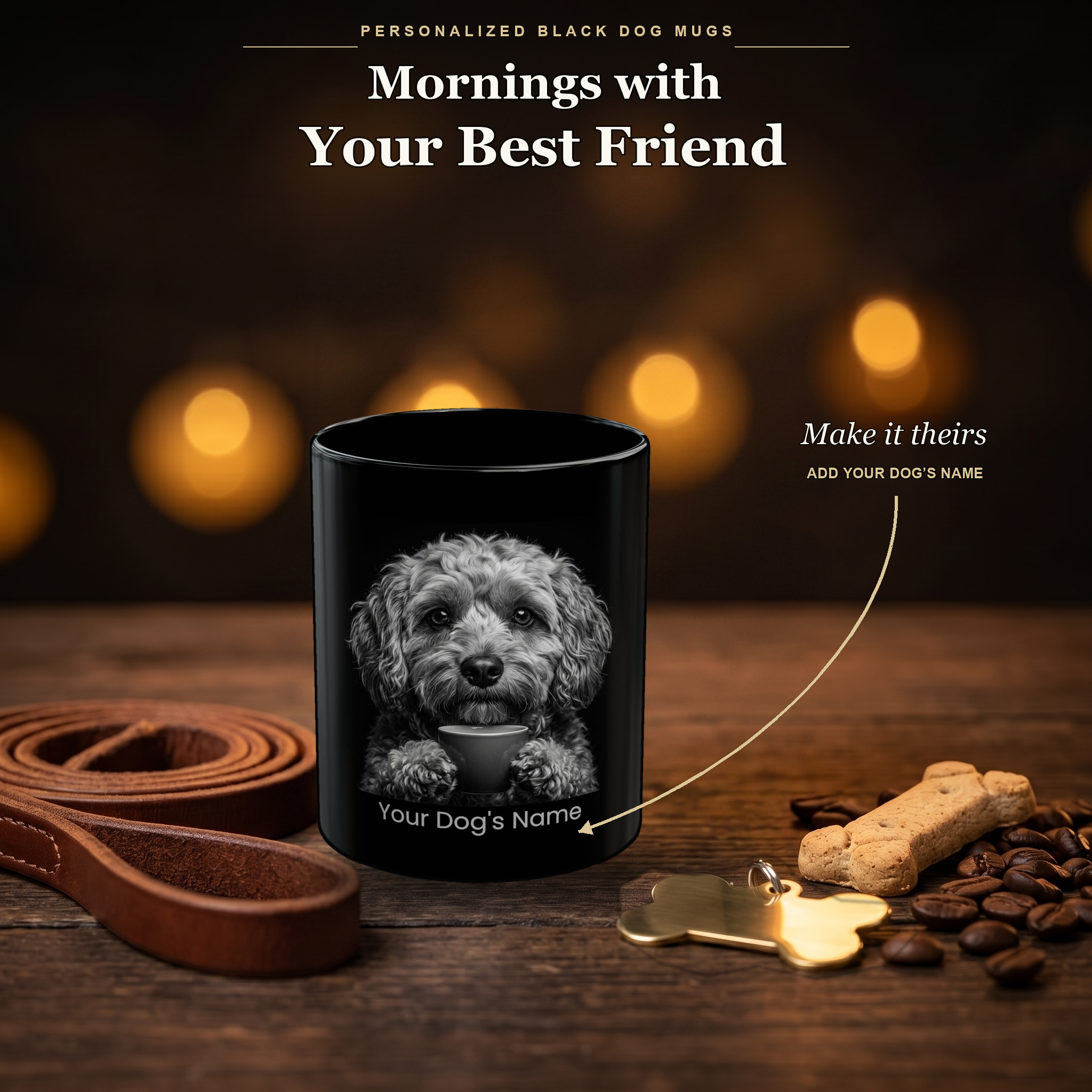 Personalized Cavapoo black ceramic mug on dark wood table, front view with no handle