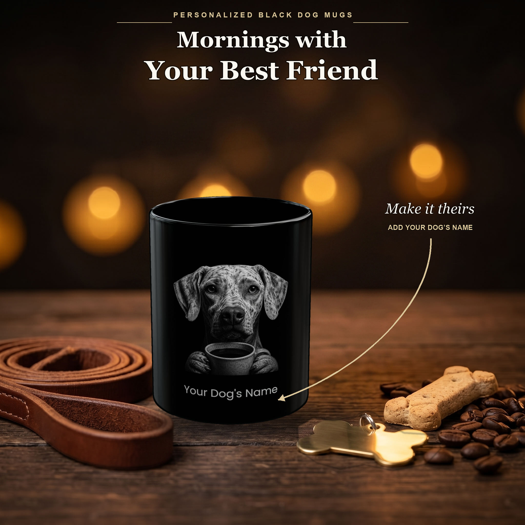 Personalized Harrier black ceramic mug on dark wood table, front view with no handle