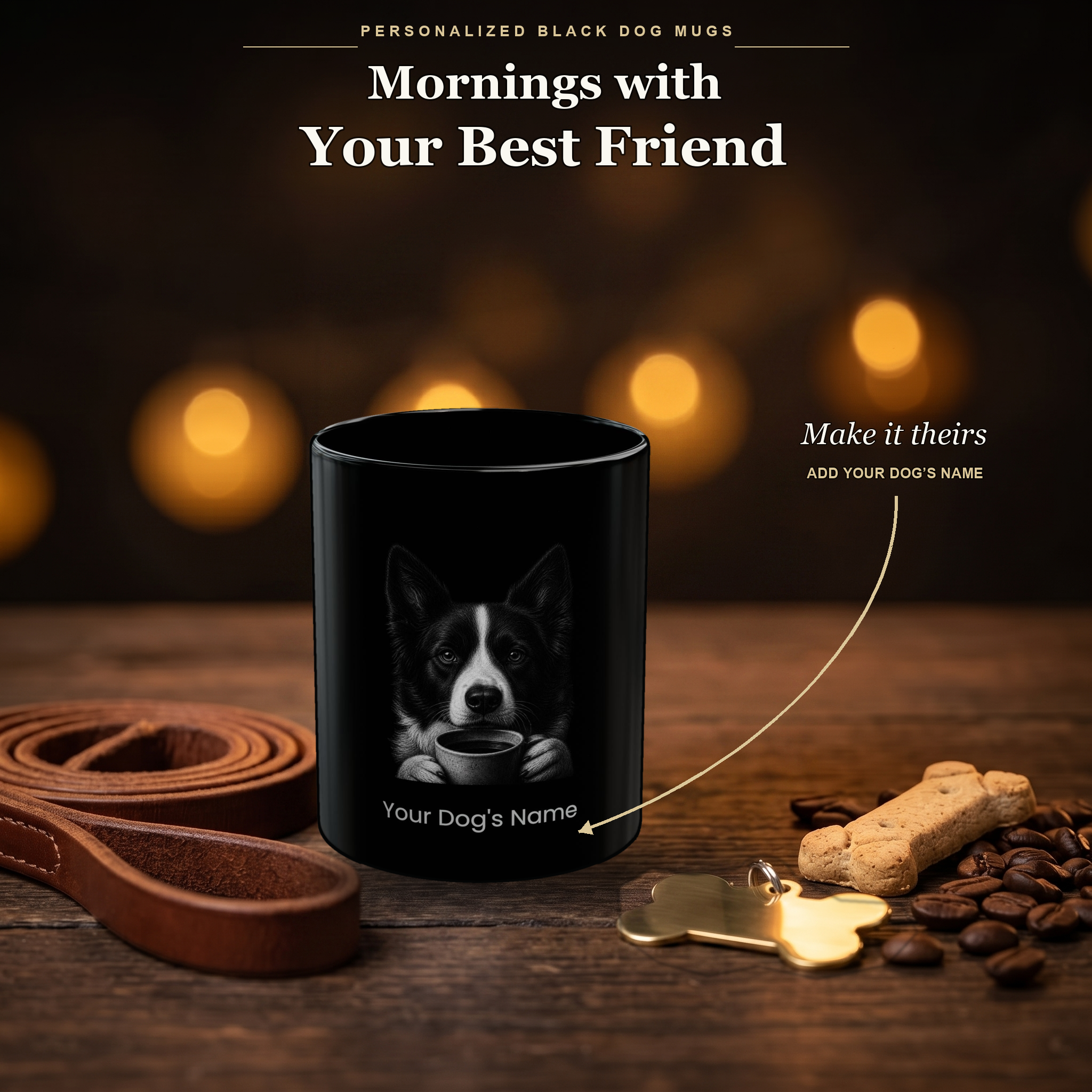 Personalized Karelian Bear Dog black ceramic mug on dark wood table, front view with no handle