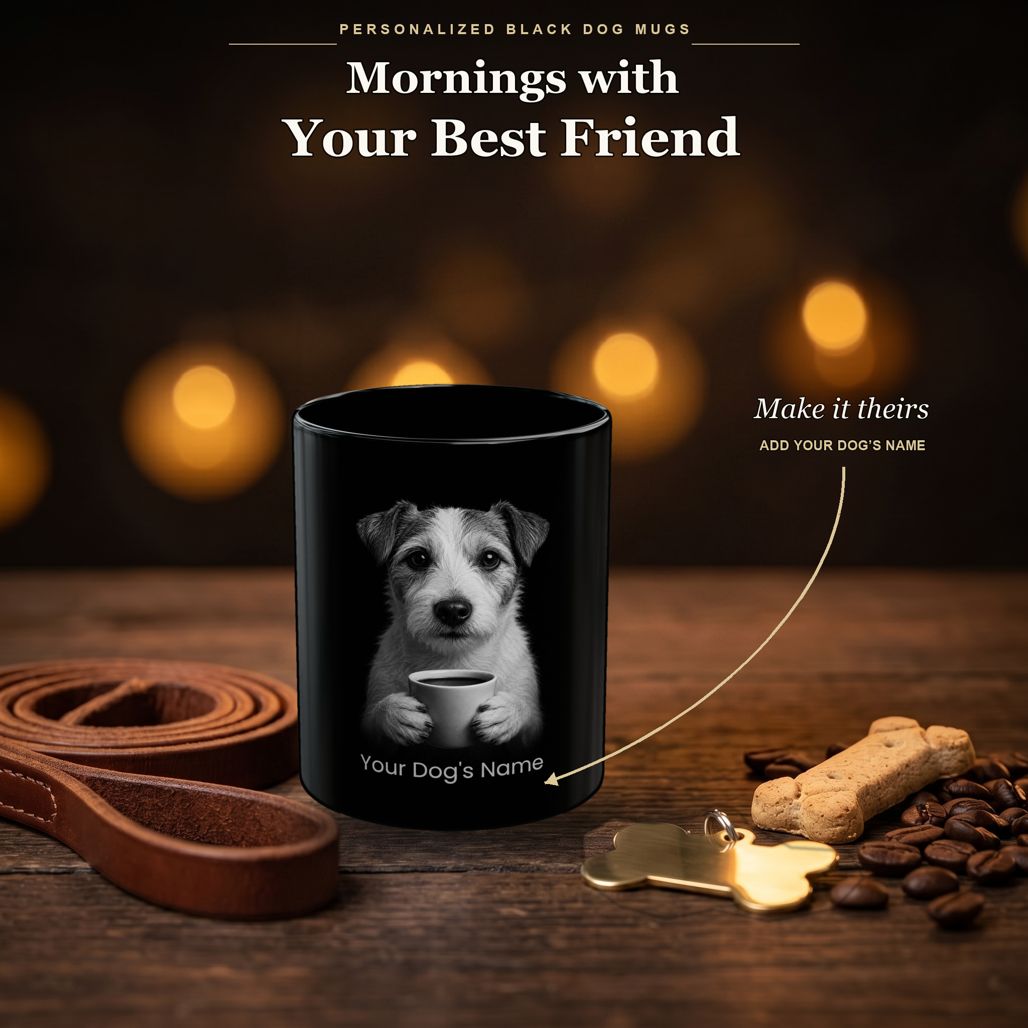 Personalized Parson Russell Terrier black ceramic mug on dark wood table, front view with no handle