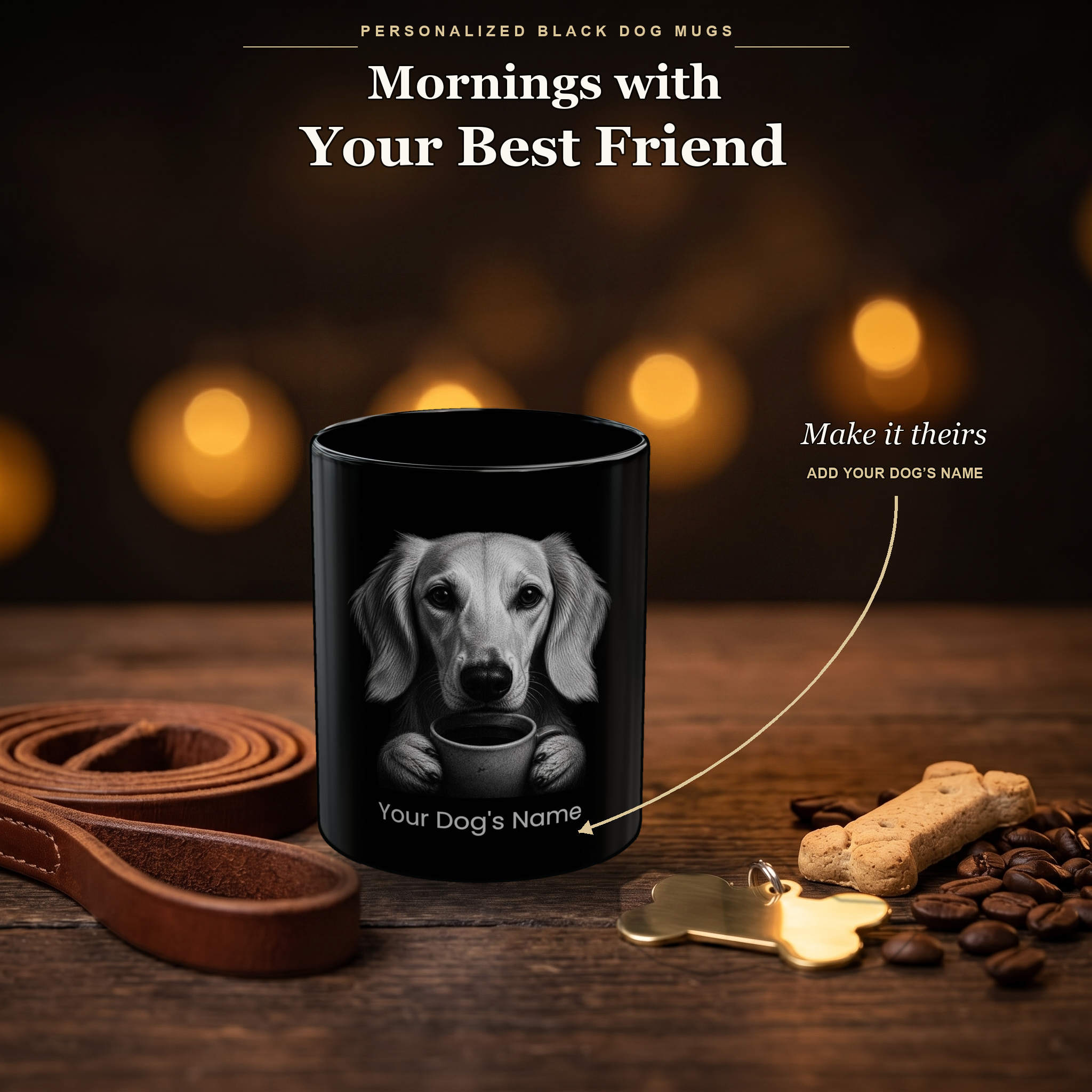 Personalized Saluki black ceramic mug on dark wood table, front view with no handle