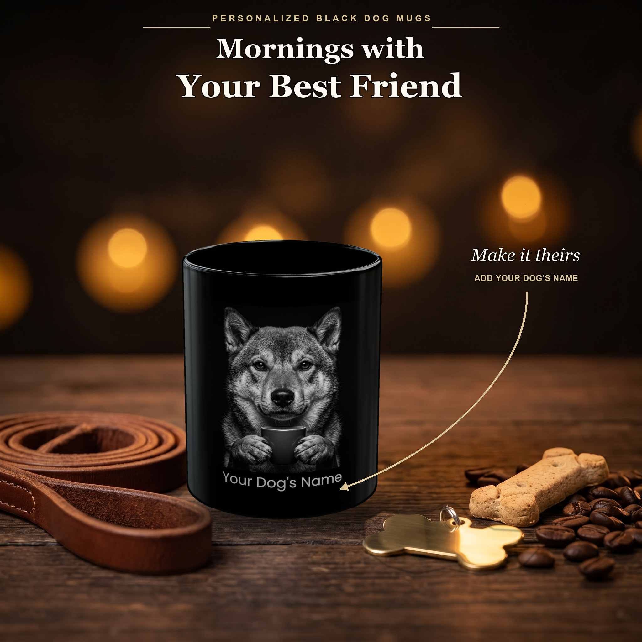Personalized Shikoku black ceramic mug on dark wood table, front view with no handle