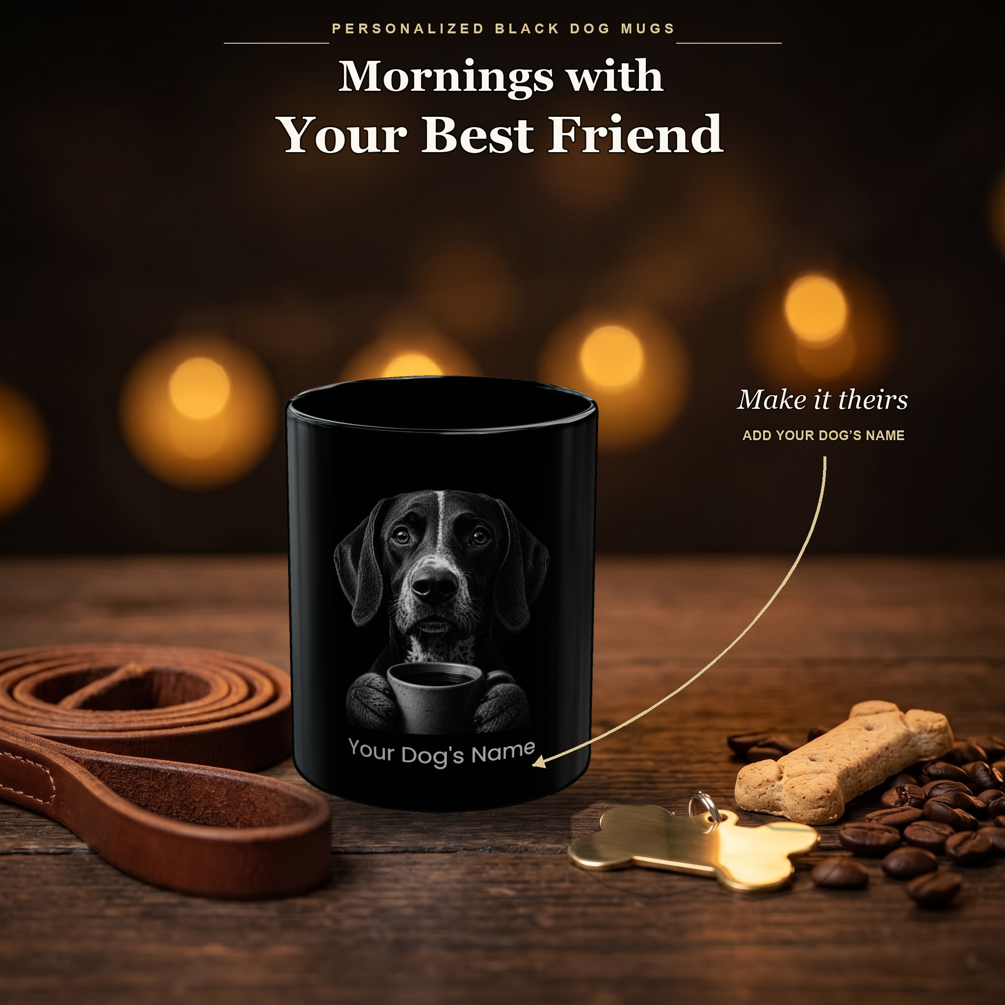 Personalized Swiss Hound black ceramic mug on dark wood table, front view with no handle