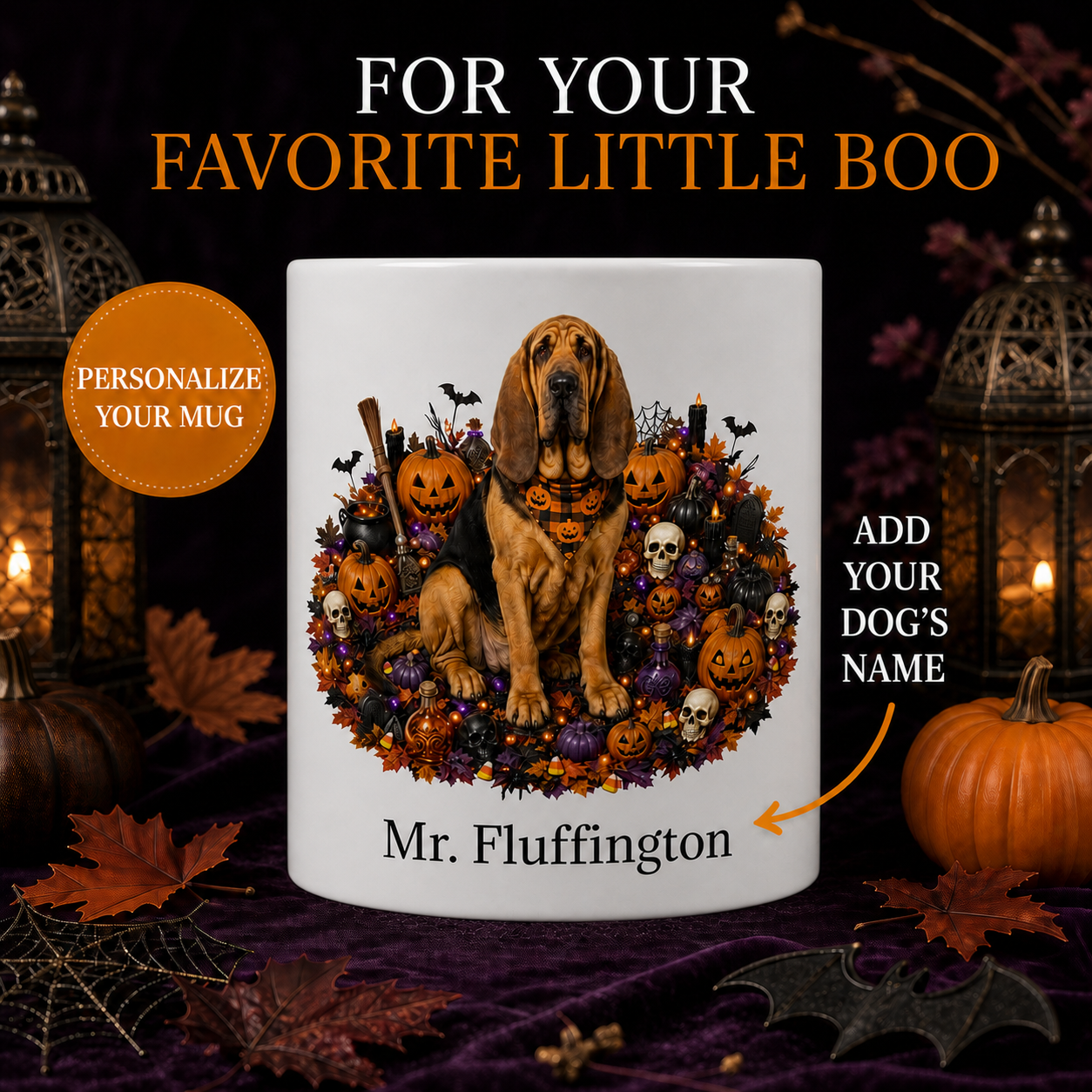 Personalized Bloodhound Halloween Mug – Custom Dog Name Gift – front view with no handle