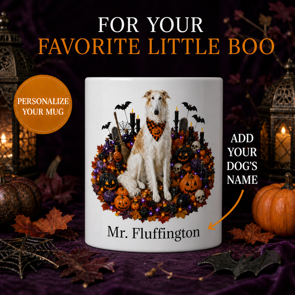Personalized Borzoi Halloween Mug – Custom Dog Name Gift – front view with no handle