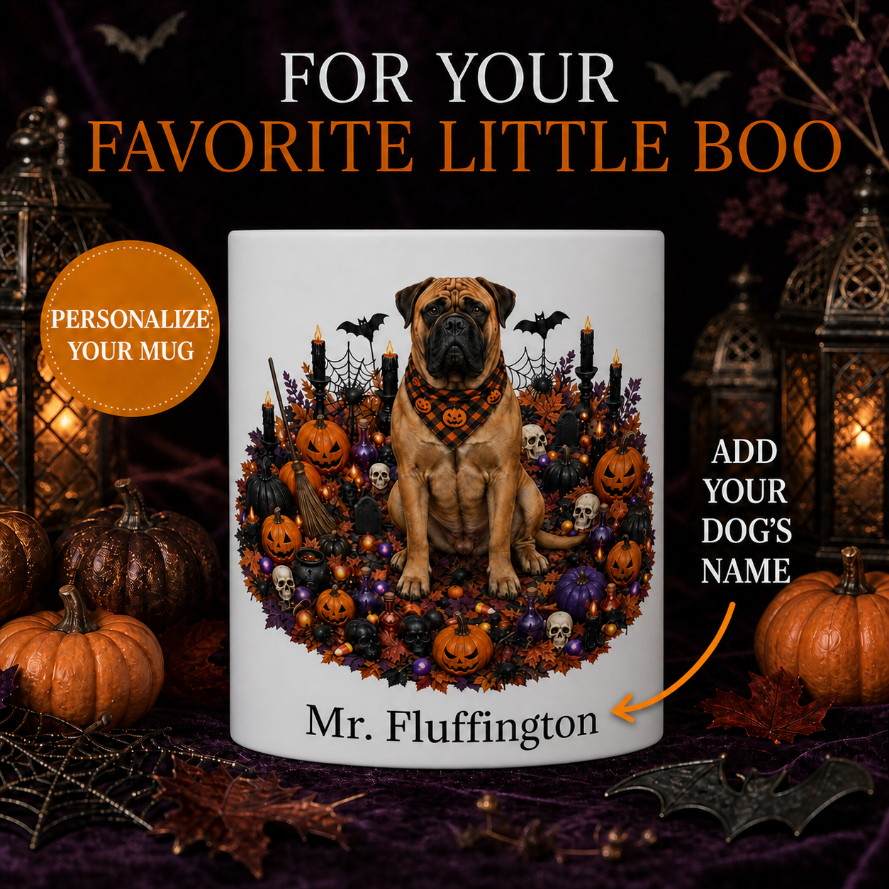 Personalized Bullmastiff Halloween Mug – Custom Dog Name Gift – front view with no handle