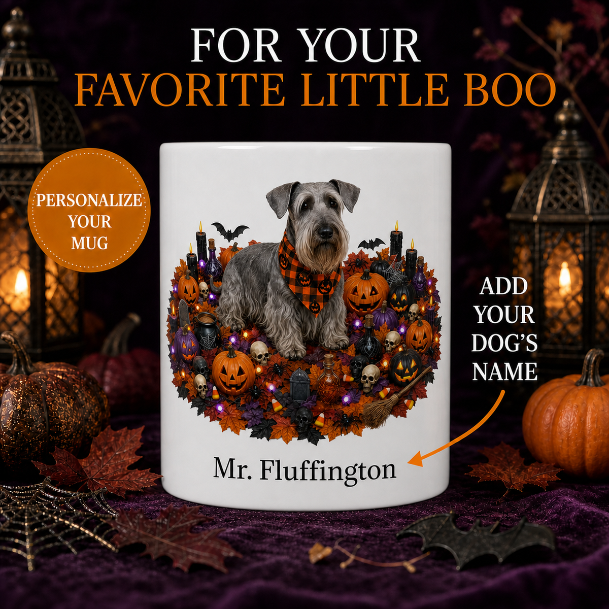 Personalized Cesky Terrier Halloween Mug – Custom Dog Name Gift – front view with no handle