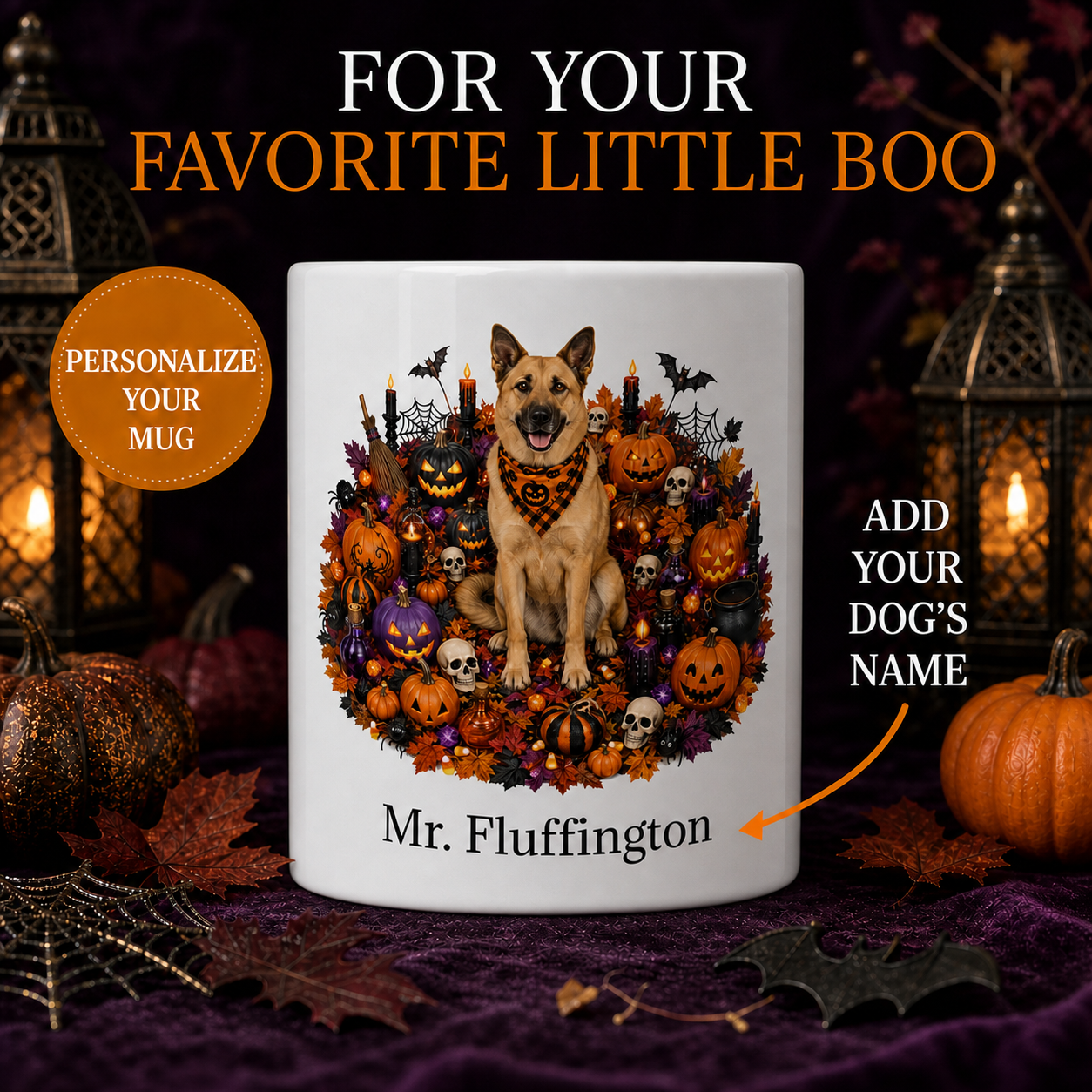 Personalized Chinook Halloween Mug – Custom Dog Name Gift – front view with no handle