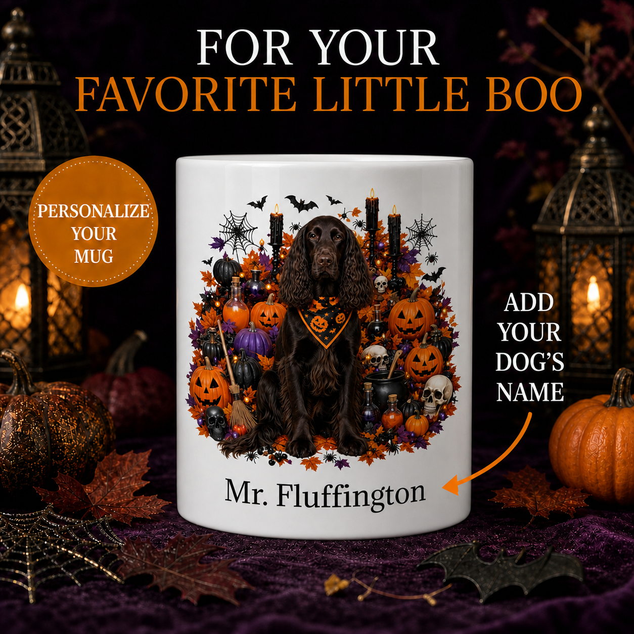 Personalized Field Spaniel Halloween Mug – Custom Dog Name Gift – front view with no handle