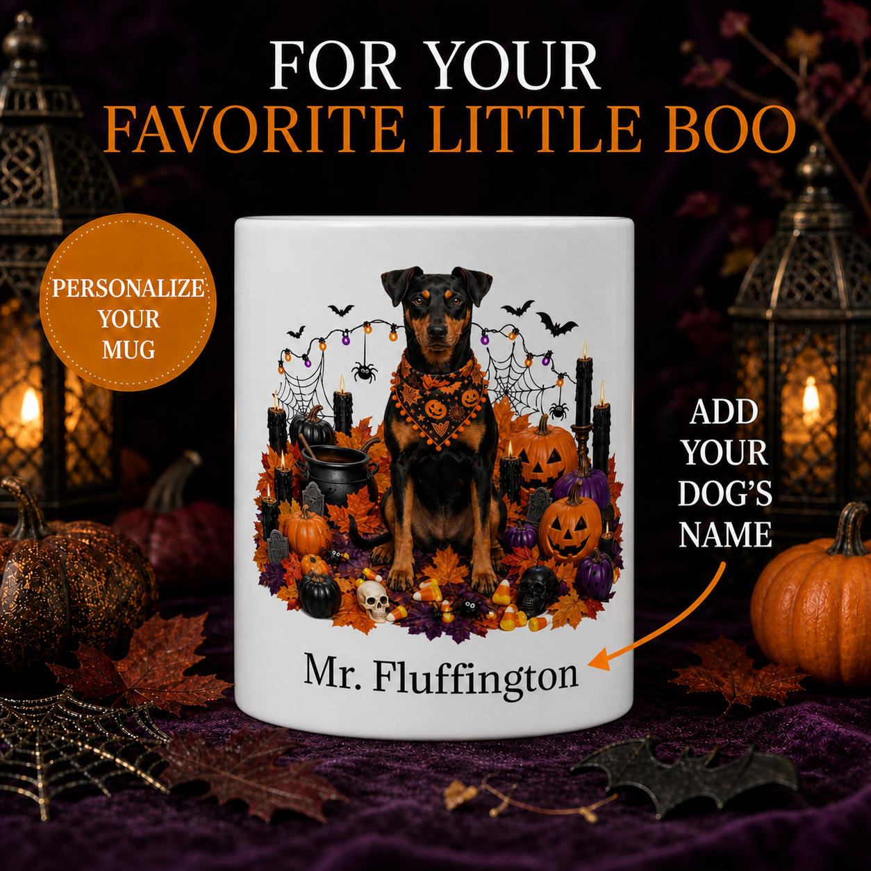 Personalized German Pinscher Halloween Mug – Custom Dog Name Gift – front view with no handle