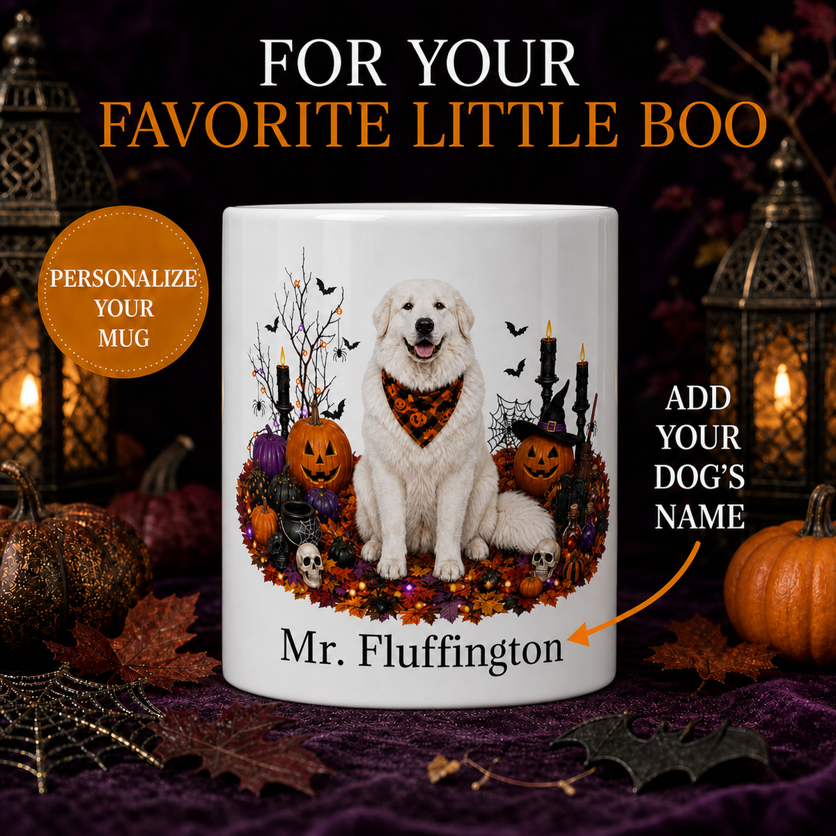 Personalized Great Pyrenees Halloween Mug – Custom Dog Name Gift – front view with no handle
