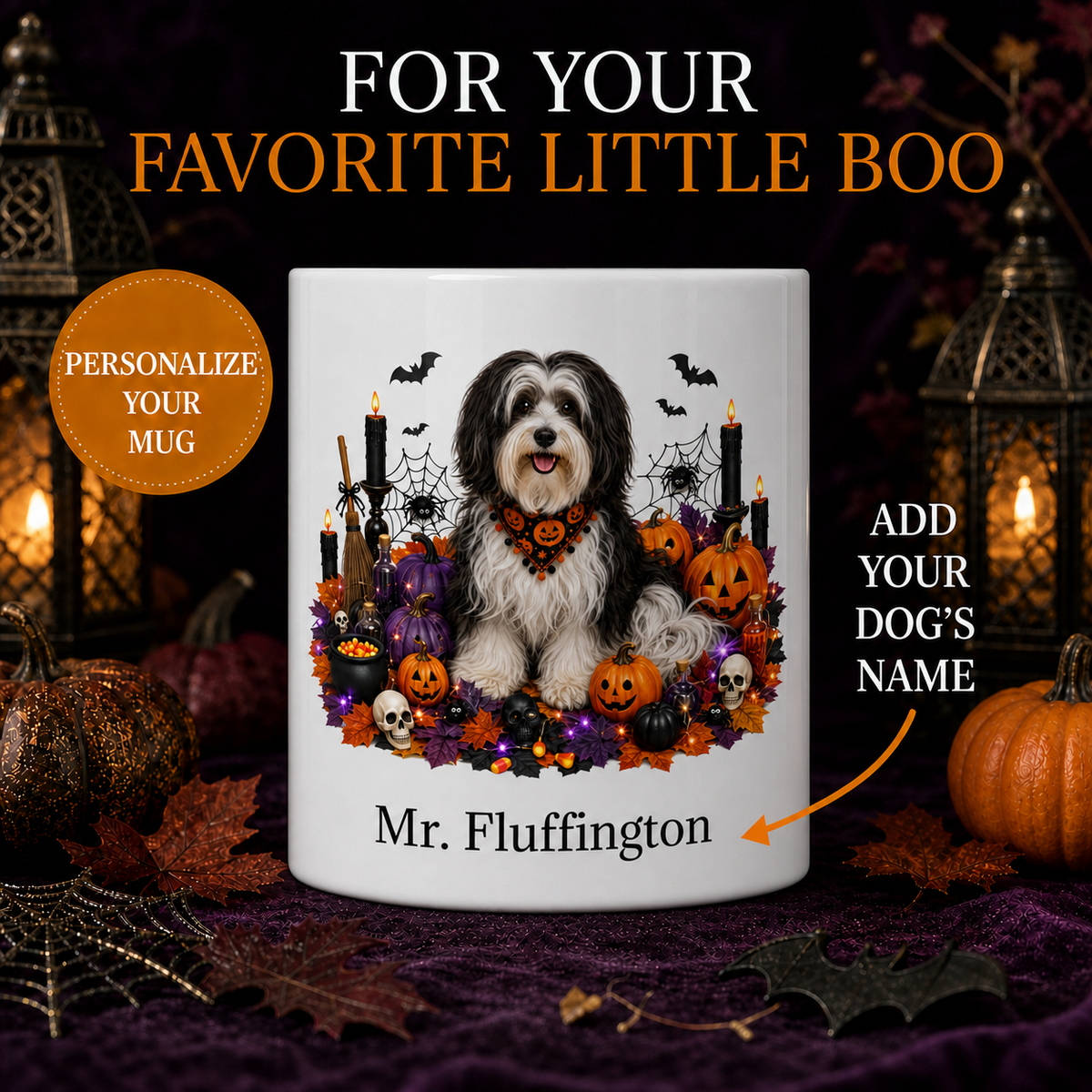 Personalized Havanese Halloween Mug – Custom Dog Name Gift – front view with no handle