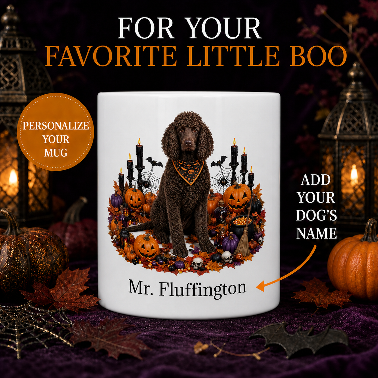 Personalized Irish Water Spaniel Halloween Mug – Custom Dog Name Gift – front view with no handle