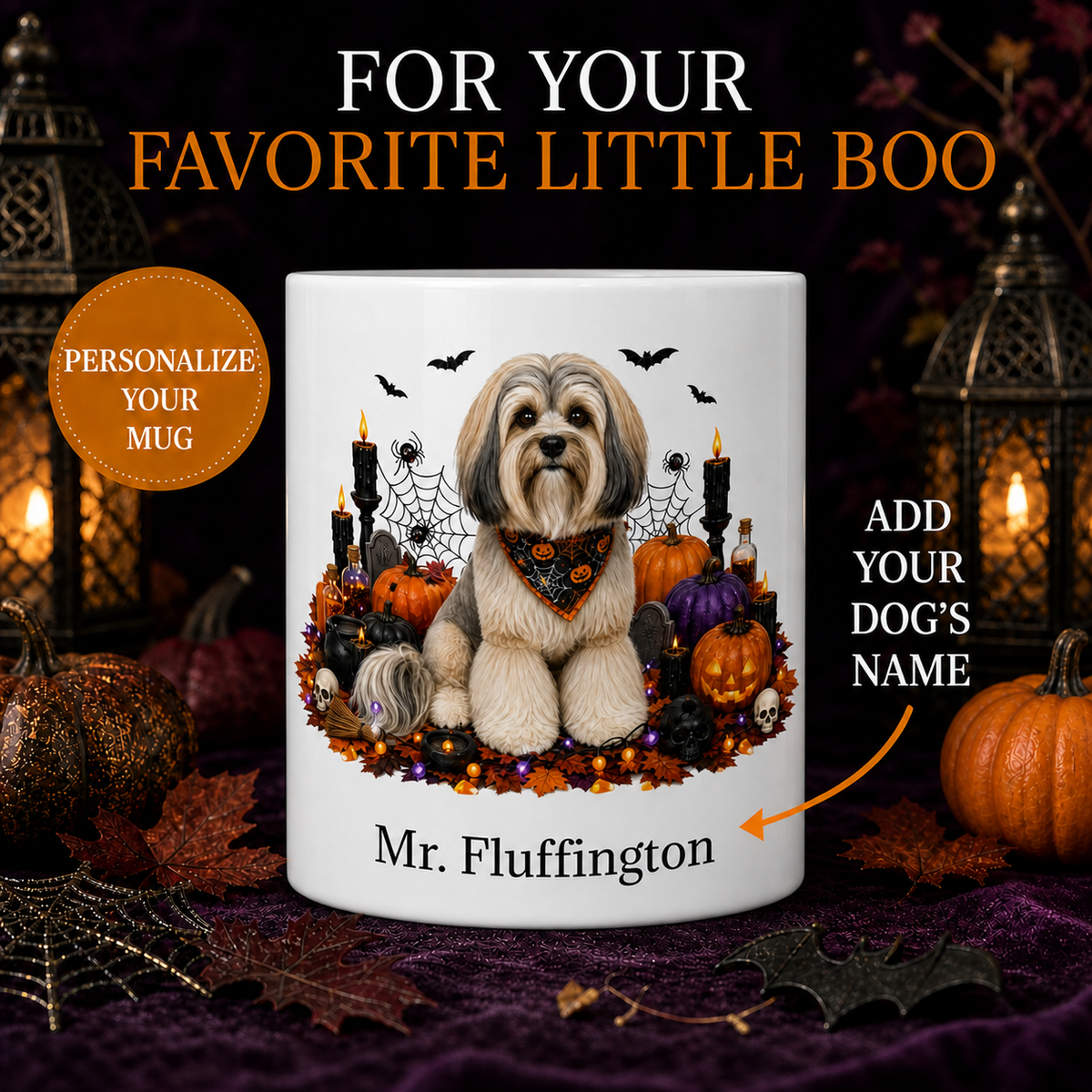 Personalized Lowchen Halloween Mug – Custom Dog Name Gift – front view with no handle