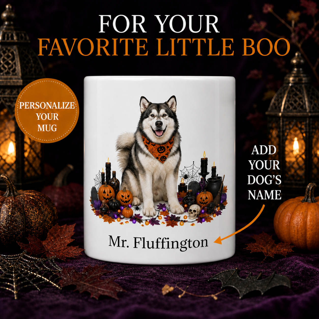Personalized Malamute Halloween Mug – Custom Dog Name Gift – front view with no handle