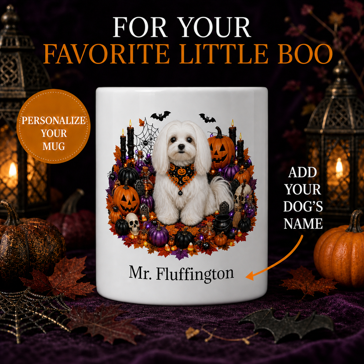 Personalized Maltese Halloween Mug – Custom Dog Name Gift – front view with no handle