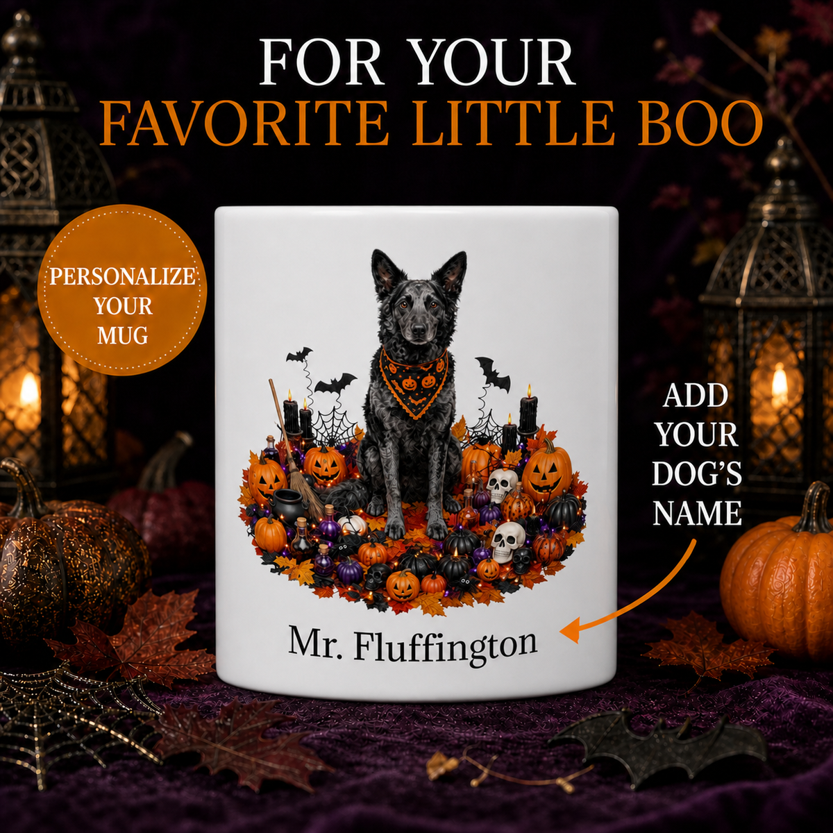 Personalized Mudi Halloween Mug – Custom Dog Name Gift – front view with no handle