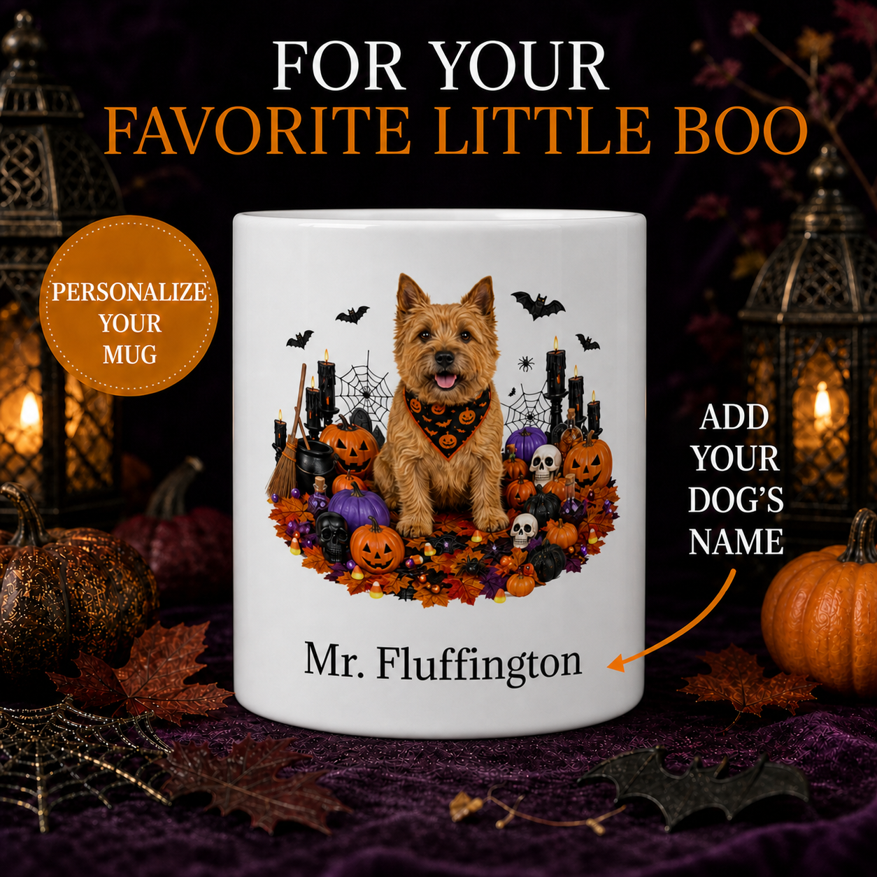 Personalized Norwich Terrier Halloween Mug – Custom Dog Name Gift – front view with no handle