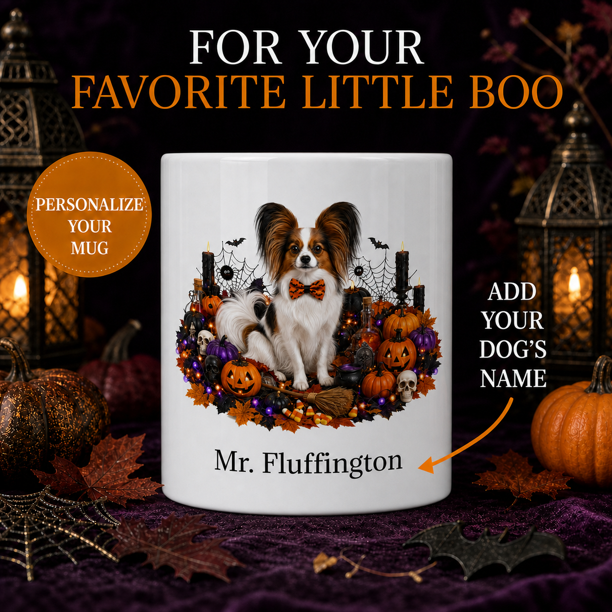 Personalized Papillon Halloween Mug – Custom Dog Name Gift – front view with no handle