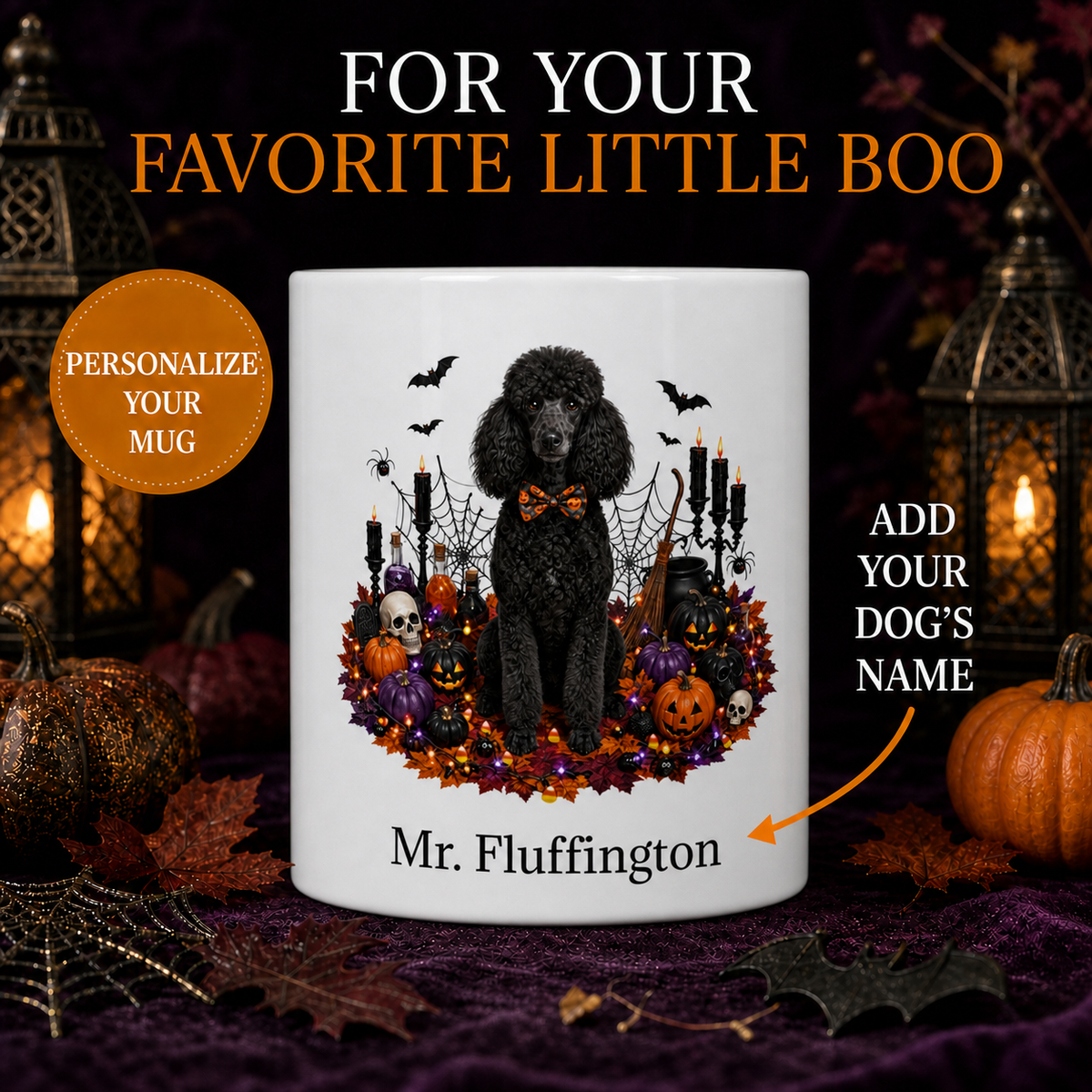 Personalized Poodle Halloween Mug – Custom Dog Name Gift – front view with no handle