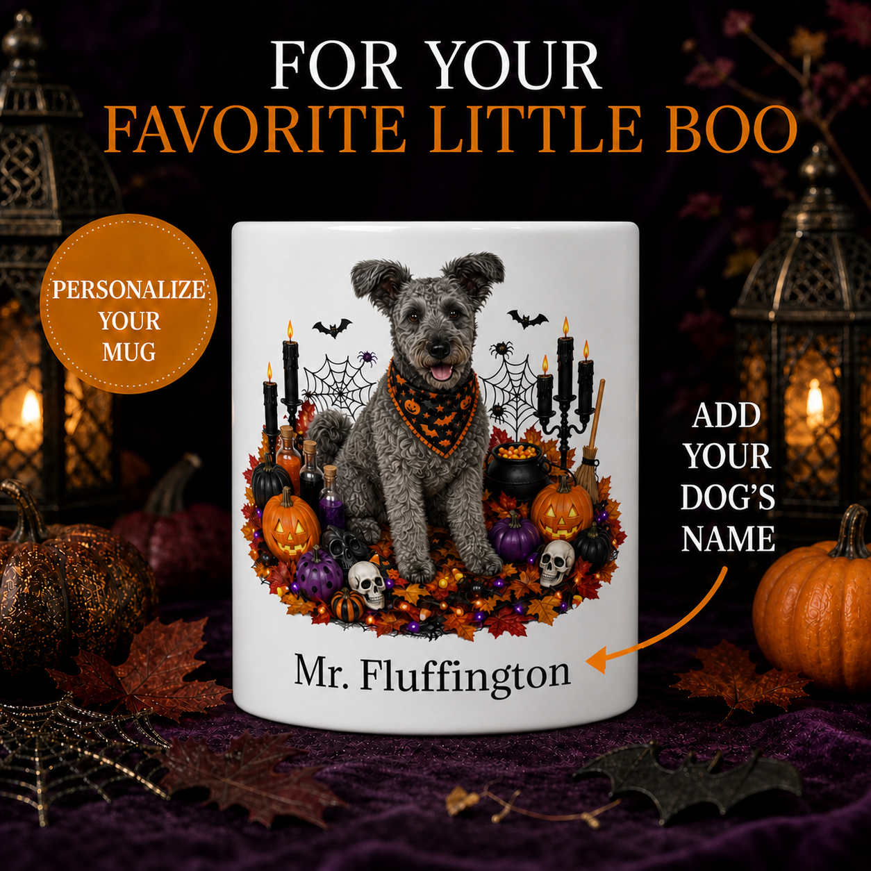 Personalized Pumi Halloween Mug – Custom Dog Name Gift – front view with no handle